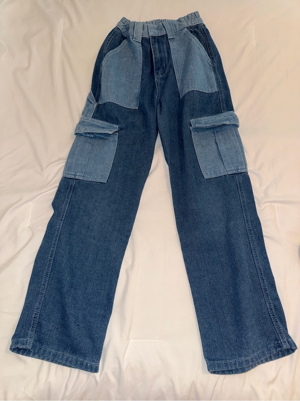 Thrifted High-Waisted Patchwork Dark Blue Cargos with Light Blue Denim Detail